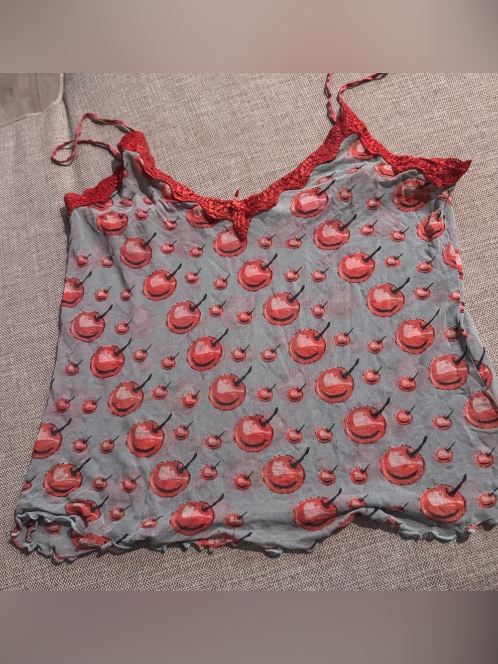 Vintage Mary Green 100% Silk Cherries Semi Sheer Lace Trim Camisole